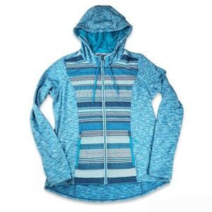 Jockey Hooded Jacket Quilted Sweatshirt Zip up Blue Teal Thumb Holes Size L